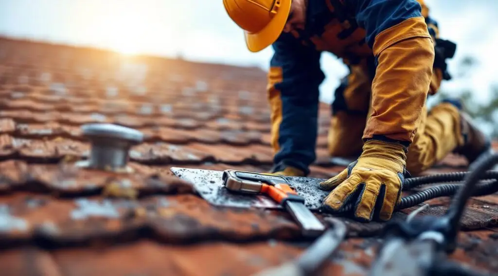 Professional roofing inspector examining a residential roof in Enterprise