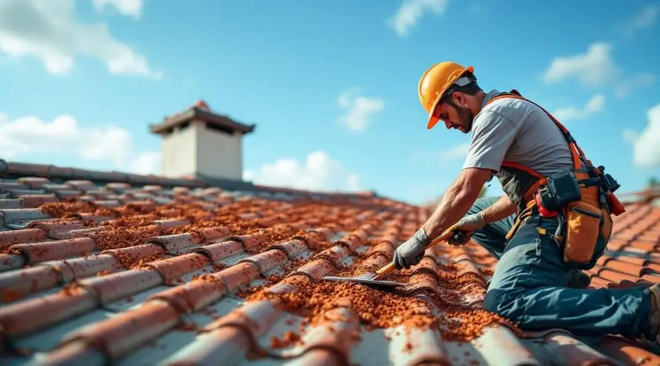 Commercial building with a newly installed terracotta clay tile roof under a clear Las Vegas sky.