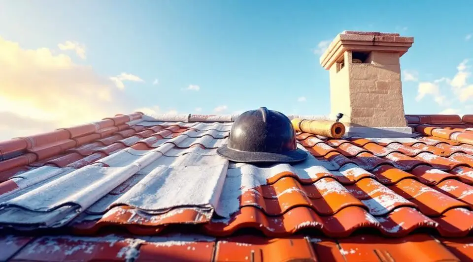 Commercial building with a new, vibrant Spanish tile roof under the Las Vegas sun