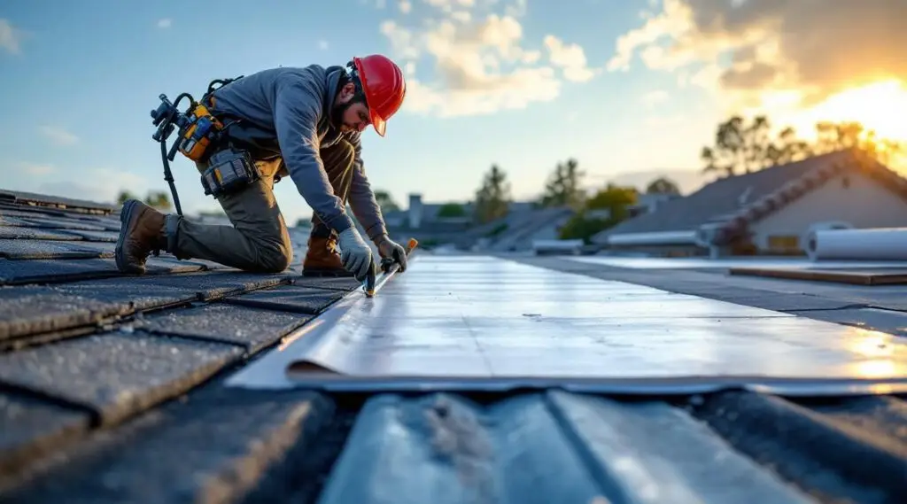 Professional roofing crew installing new asphalt shingles on a residential roof in Enterprise