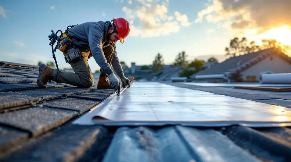 Professional roofing crew installing new asphalt shingles on a residential roof in Las Vegas