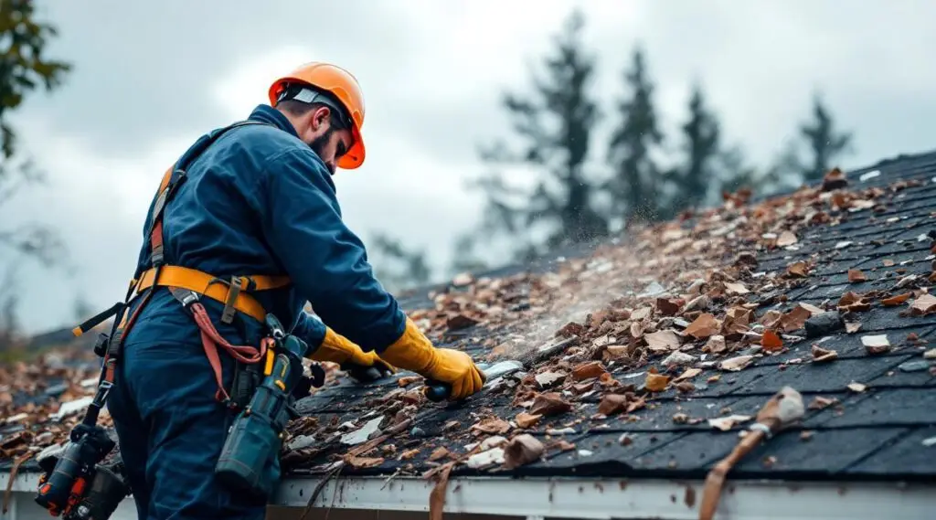 Damaged roof with missing shingles after a storm, showing exposed decking