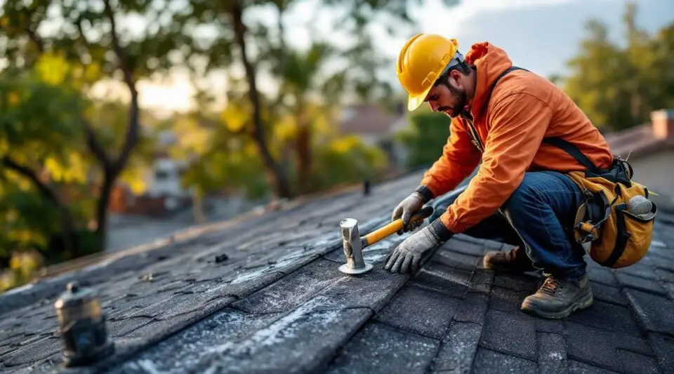 Damaged asphalt shingle roof in Las Vegas after a storm with a repair crew inspecting.