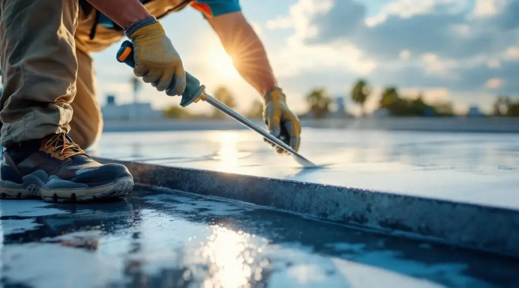 Commercial flat roof being coated with a reflective material under the Enterprise sun
