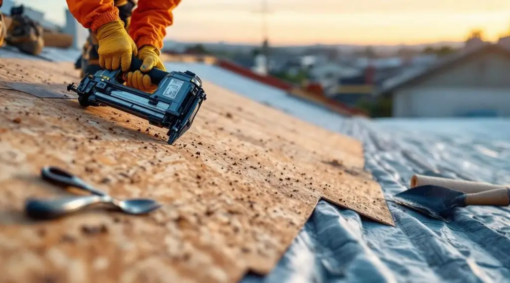 Professional roofing crew installing new asphalt shingles on a residential roof in Enterprise.