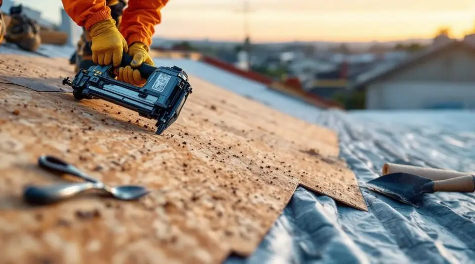 Professional roofing crew installing new asphalt shingles on a residential roof in Las Vegas.