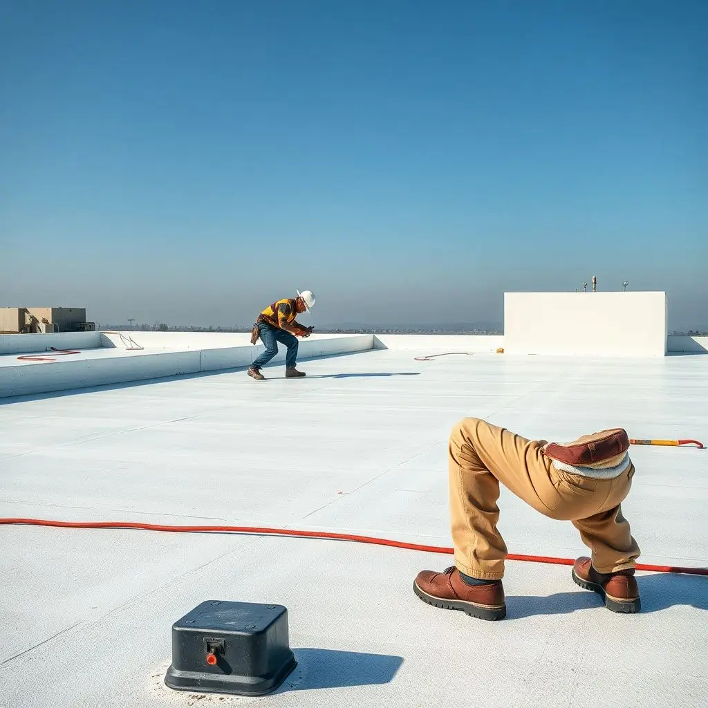 Commercial flat roof with TPO membrane being inspected by a Storm Guard Roofing technician in Enterprise.