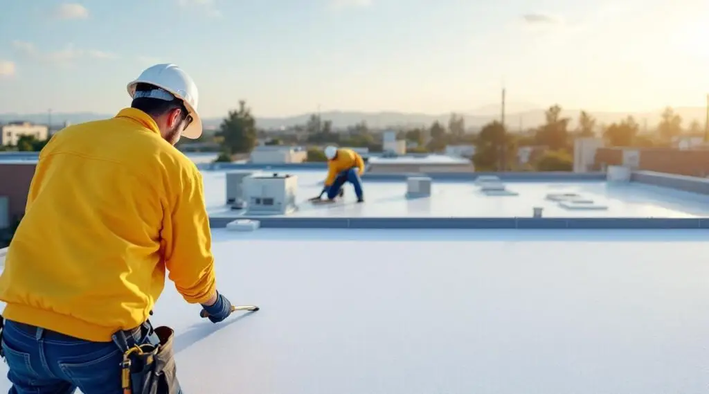 Large commercial building with a newly installed white TPO flat roof under a clear Enterprise sky
