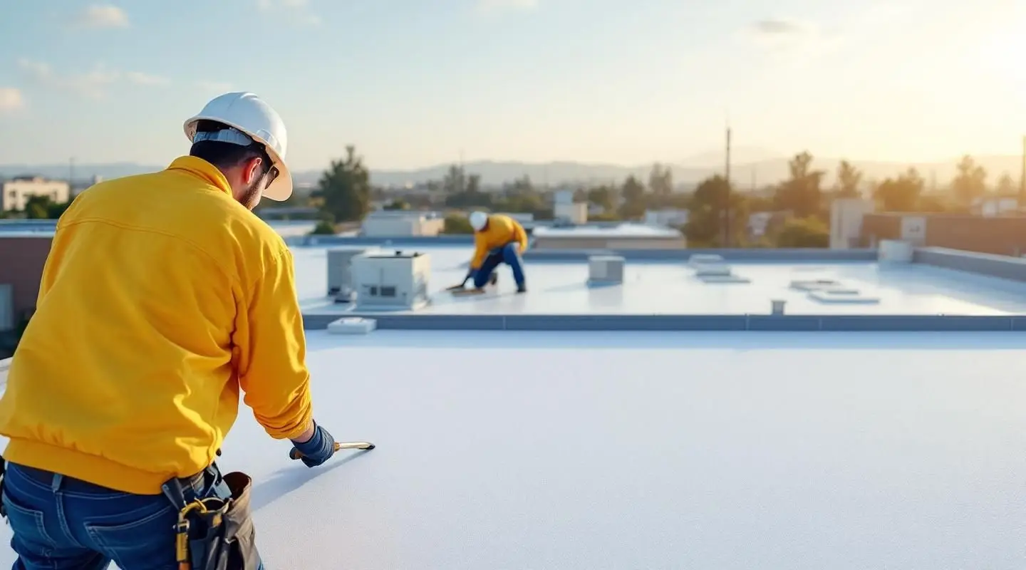 Large commercial building with a newly installed white TPO flat roof under a clear Las Vegas sky
