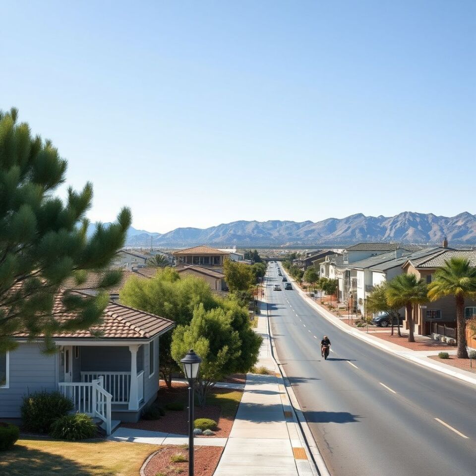 Wide shot of a modern concrete tile roof on a Henderson home under a clear blue desert sky, with distant McCullough Range mountains.