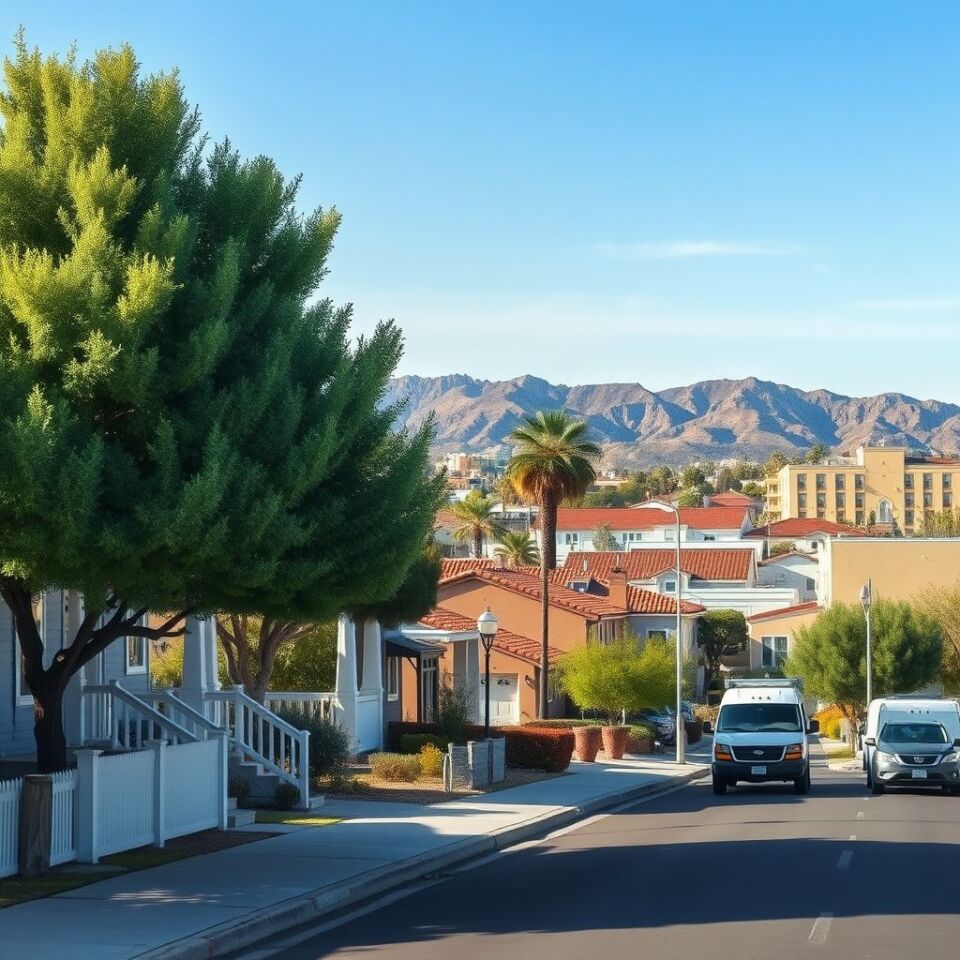 A low-angle view of a modern stucco home with a concrete tile roof in a Las Vegas neighborhood, palm trees visible under a bright desert sky, hinting at the intense sun.