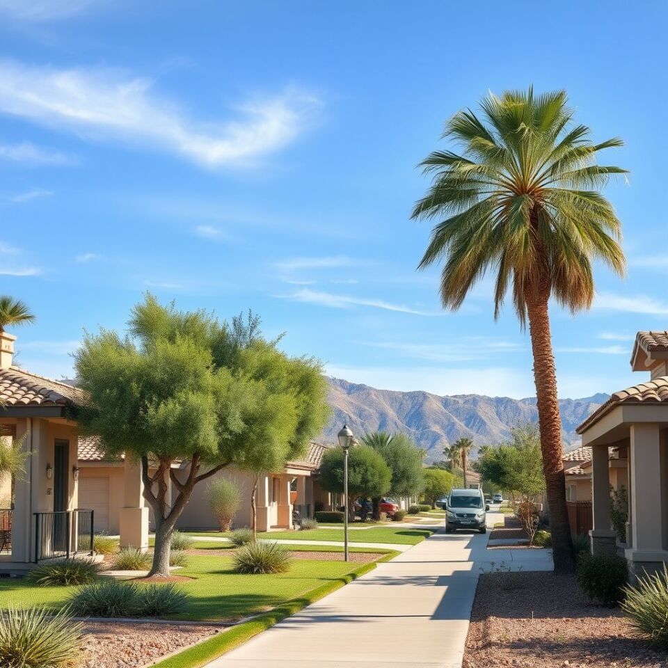 Tile roofs on stucco homes in Summerlin South under a bright Nevada sky, with distant Red Rock Canyon foothills.