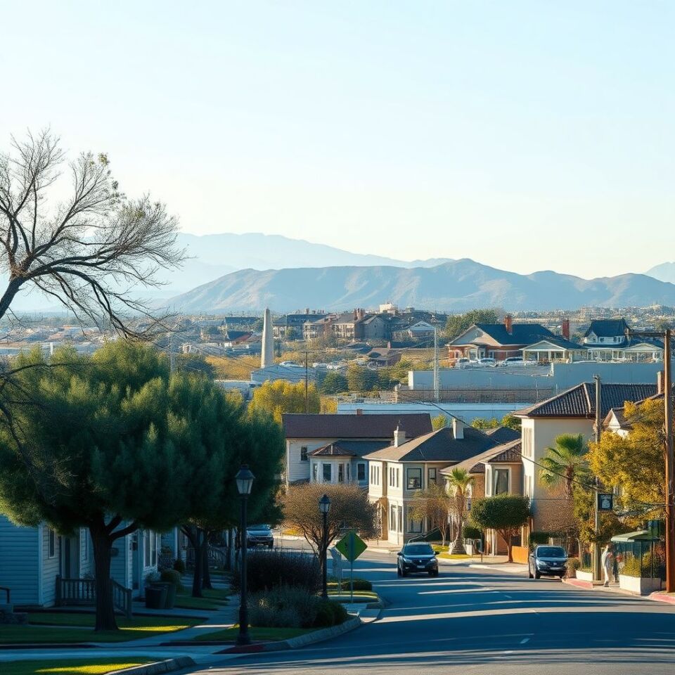 A modern stucco home in Winchester, Nevada, with a low-slope TPO roof being inspected by a Storm Guard Roofing technician, palm trees and desert mountains in the distance under a clear blue sky.