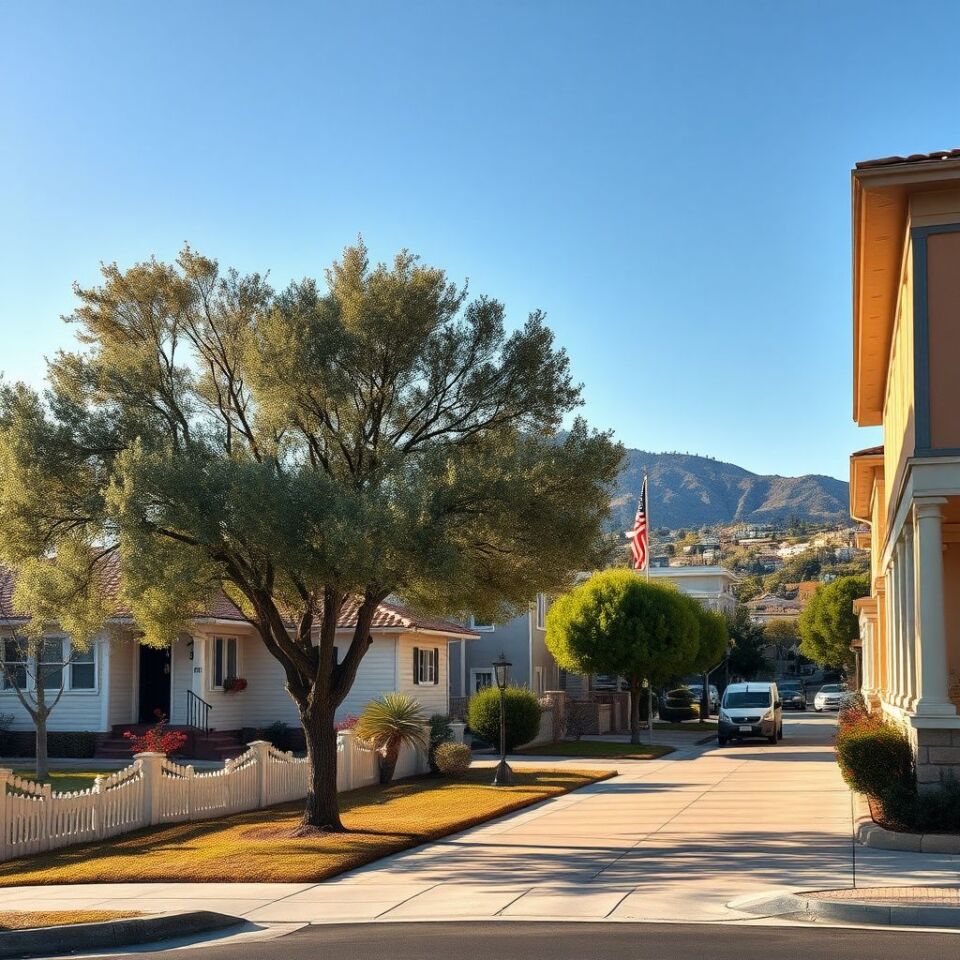 A wide shot of a residential street in Paradise, Nevada, featuring modern homes with stucco walls and tile roofs under a clear desert sky, a Storm Guard Roofing truck visible in the distance.